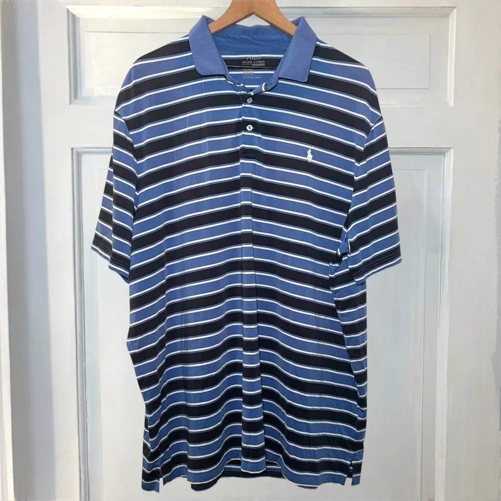 Polo Ralph Lauren Performance Polo Mens XXL Blue Striped Classic Fit Shirt